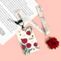 Large size ABS tulip print card holder with matching lanyard, durable student ID badge cover. - 5 Magenta Flowers / Long Lanyard