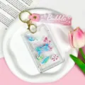Transparent acrylic card holder with pink strap and cute butterfly design for student ID badge. - Sunrise Pink Butterfly + Pink Gradient Keychain