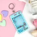 Clear PVC Card Holder Cute Claw Machine ID Bus Pass Protective Cover With Keychain - Blue Grid Game Console + Leather Strap Round Buckle
