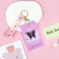 Transparent pink card holder keychain with cute butterfly and music player design for daily use. - Pink Background Black Butterfly / Pink Rainbow Keychain