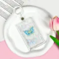 Transparent cute butterfly card holder with lanyard student campus ID badge protective cover case - Gradient Blue Butterfly + White Leather Strap Keychain