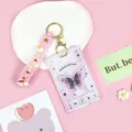 Cute transparent acrylic card holder keychain with pink strap and butterfly music player design - White Background Pink Butterfly / Pink Rainbow Keychain