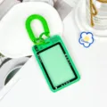 Green transparent student card holder with coil lanyard, cute camera design badge case variant. - Double Ring Spring Cord Style / Green