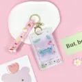 Cute aesthetic transparent card holder keychain with pink strap and butterfly music design. - Sunrise Pink Butterfly / Pink Rainbow Keychain