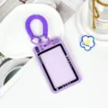 Purple camera style ID badge holder with coil wrist strap for student bus card transit pass - Double Ring Spring Cord Style / Purple