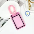 Pink camera style transparent student card holder with lanyard for bus access card protector. - Double Ring Spring Cord Style / Pink