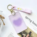 Transparent student card holder with pink silicone strap and stylish keychain, fresh design. - Purple Heart (With Purple Flower Keychain)