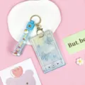 Cute transparent card holder with keychain, aesthetic student ID badge protector sleeve. - Hand-painted Blue Butterfly / Blue Rainbow Keychain