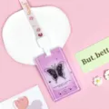 Transparent purple butterfly ID card holder with lanyard for students use - Pink Background Black Butterfly / Good Flower Standard Lanyard