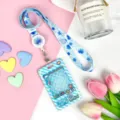 Cartoon transparent card holder with lanyard student ID badge cover cute bus pass protector - Blue Grid Game Console + Gingham Blueberry Retractable Long Rope