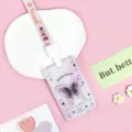 Clear transparent card holder with pink lanyard, cute butterfly and music player aesthetic design - White Background Pink Butterfly / Good Flower Standard Lanyard