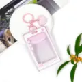 Pink transparent card holder with cute keychain and heart charm, ideal for student ID or bus card. - Pink Heart Keychain / Pink