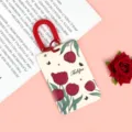 ABS card holder with red coiled lanyard and elegant tulip floral pattern for students workers. - 5 Magenta Flowers / Red Double Loop Spring Rope