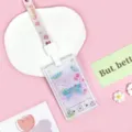 Cute transparent card holder with lanyard aesthetic student ID badge protective cover pink - Sunrise Pink Butterfly / Good Flower Standard Lanyard