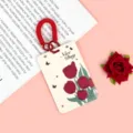 Large ABS card holder with red coil lanyard, tulip pattern vertical ID badge holder. - NICE Magenta Bouquet / Red Double Loop Spring Rope