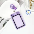 Transparent cute camera style student ID badge card holder with keychain and bell, purple. - Bell Lobster Clasp Style / Purple