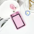 Pink camera style student ID card holder with key ring and bell, cute protective cover. - Bell Lobster Clasp Style / Pink