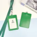 Green leather ID card holder with matching lanyard, double slot badge holder for office and school. - Dark Green Leather Holder + Green Hook Long Lanyard