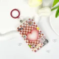 Transparent card holder with keychain, cute brown checkered pattern and cat stickers for school ID bus card - Red Checkerboard Cat + Leather Keychain