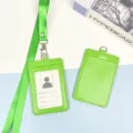 Green leather ID card holder with neck strap and metal hook for work, office and school. - Light Green Leather Holder + Fluorescent Green Hook Long Lanyard