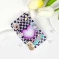 Dopamine transparent card holder with cute cat pattern and lanyard for student ID bus pass - Purple Checkerboard Cat (No Accessories)