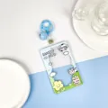 Ins style transparent plastic card holder with blue keychain and cute cartoon print. - Cow On Meadow With Mid-Blue Bell Lobster Clasp / Sliding Transparent