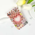 Brown checkerboard transparent card holder with cute cat stickers and pink heart. - Red Checkerboard Cat (No Accessories)