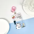 Transparent plastic card holder with cute cow and strawberry pattern, pink keychain charm. - Strawberry Cow With Pink Bell Lobster Clasp / Sliding Transparent