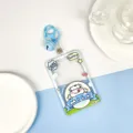 Transparent plastic ID card holder with cute cow pattern, blue keychain and clear photo sleeve. - Apple Cow With Mid-Blue Bell Lobster Clasp / Sliding Transparent