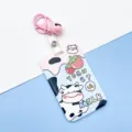 Cute cartoon cow card holder with strawberry pattern and pink bell keychain for student ID cards. - Strawberry Cow / Pink Bell Lobster Clasp
