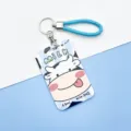 Cute cartoon cow card holder with blue braided strap and key ring for daily school use. - Big Head Cow / Medium Blue Hand Strap