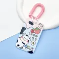 Cute cartoon cow strawberry card holder bus card protective sleeve with spring lanyard - Strawberry Cow / Pink