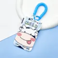 Cute cartoon cow card holder with blue spring keychain, ID badge protector for students. - Big Head Cow / Two-Tone Medium Blue Spring Rope