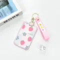 Pink sliding card holder with cute strawberry pattern, transparent design and sturdy metal keychain. - Pink Border Strawberry Flower / Pink Flower Keychain