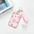 Pink sliding card holder clear ABS ID card case with cute floral strap and metal keychain. - Pink Border All-over Flower / Pink Flower Keychain