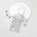 Transparent cute claw machine card holder with spring coil strap and bunny design. - Light Blue Claw Machine Rabbit Head Shaking / Spring Rope With White Chain And Angel Dog Disc