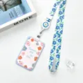 Blue floral lanyard student ID card holder set with clear ABS badge case and retractable reel. - Blue Border English Flower Frame / Blue-Green Flower Retractable Lanyard
