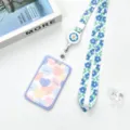 Ins Style Student ID Card Holder Transparent ABS Sliding Lanyard Badge Cover Cute - Blue Border Colorful Hearts / Blue-Green Flower Retractable Lanyard