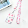 Pink floral strawberry ID card holder set with retractable lanyard, clear ABS badge protector. - Pink Border Strawberry Flower / Pink-Blue Flower Retractable Lanyard