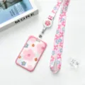 Pink floral lanyard badge holder, cute transparent ABS ID card protector with reel clip. - Pink Border All-over Flower / Pink-Blue Flower Retractable Lanyard