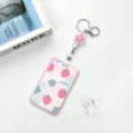 Pink strawberry pattern ID badge holder with retractable reel and keychain for students. - Pink Border Strawberry Flower / Pink Flower Retractable Badge Reel