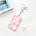 Pink retractable badge reel ID card holder with cute floral design for students and office. - Pink Border All-over Flower / Pink Flower Retractable Badge Reel