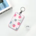 Transparent ABS sliding card holder with cute strawberry pattern and convenient metal keychain. - Pink Border Strawberry Flower / Round Buckle Keychain