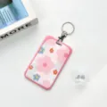 INS style student card holder slide transparent ABS school card tag protective case pink floral - Pink Border All-over Flower / Round Buckle Keychain