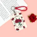 ABS badge card holder with red braided lanyard and vintage rose floral design pattern. - Rose Wreath / Red Edged Leather Rope
