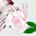 Pink cute cartoon student id card holder with lanyard and strap, transparent badge case variant - Pink Rabbit Frame / Pink Retractable Long Lanyard