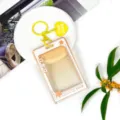Transparent plastic card holder student ID badge sleeve with yellow keychain strap charm - Orange Heart Keychain / Orange