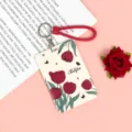 ABS Card Holder Red Tulip Pattern Lanyard ID Badge Case Cute Student Bus Card Protector - 5 Magenta Flowers / Red Edged Leather Rope