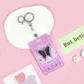 Purple transparent badge holder, cute butterfly music player design, keychain included. - Pink Background Black Butterfly / Leather Strap Metal Clasp