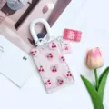 Transparent cute cartoon card holder with spring lanyard and bear pendant for students. - Pink Heart Cherry / White Spring Rope (Heart Cherry Bear Clasp)